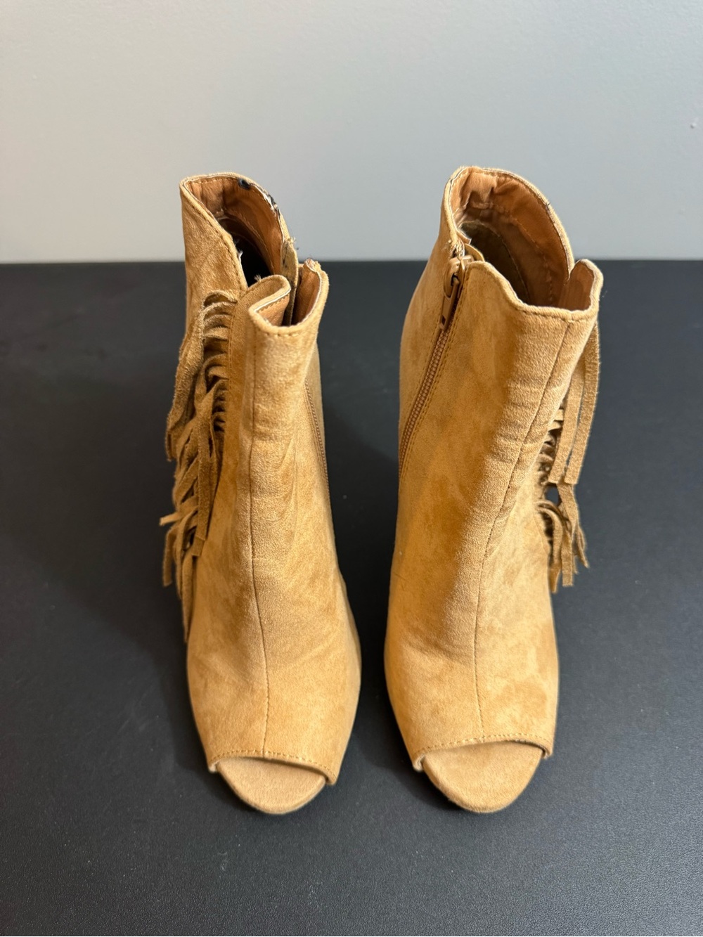 Qupid Tan Suede Fringe Peep-Toe Ankle Boots